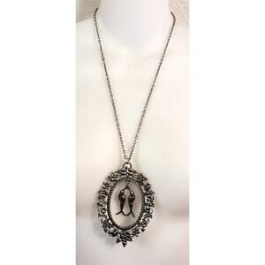 Vintage Silvertone Lovebirds Floral Frame Pendant Necklace Huge 3" Statement